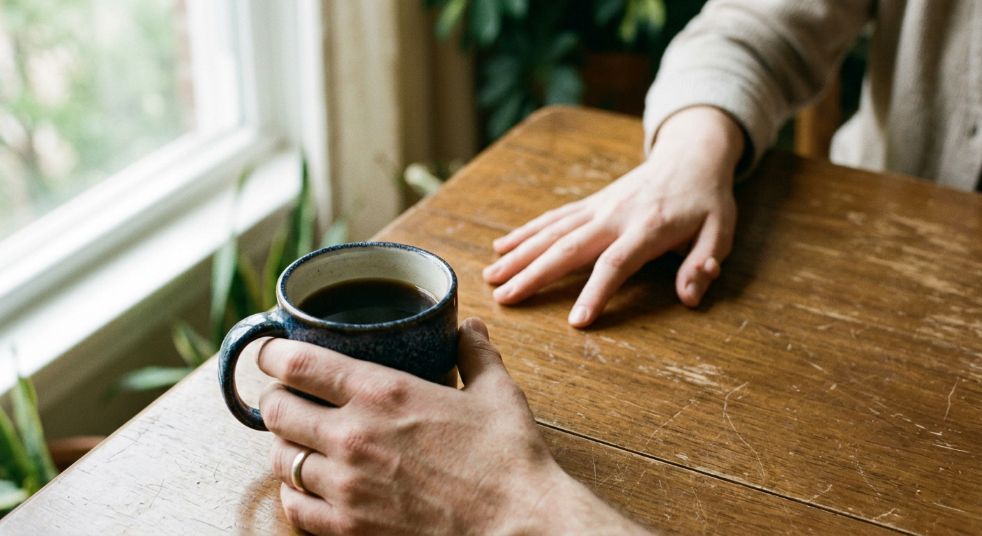 Sample photo of two hands at a wooden table, used to demonstrate where bilter finds its clues